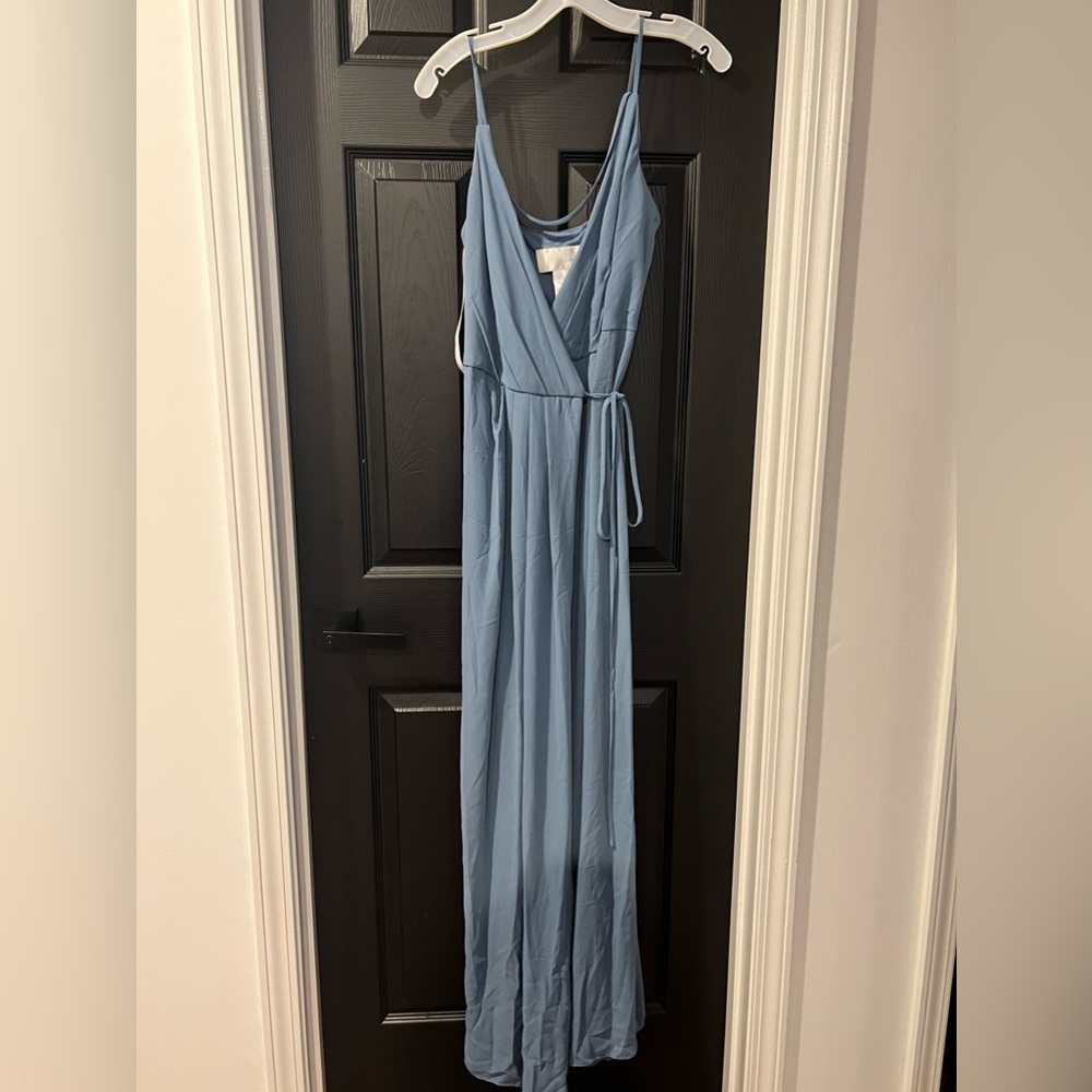 David’s Bridal Steel Blue Wrap Dress
